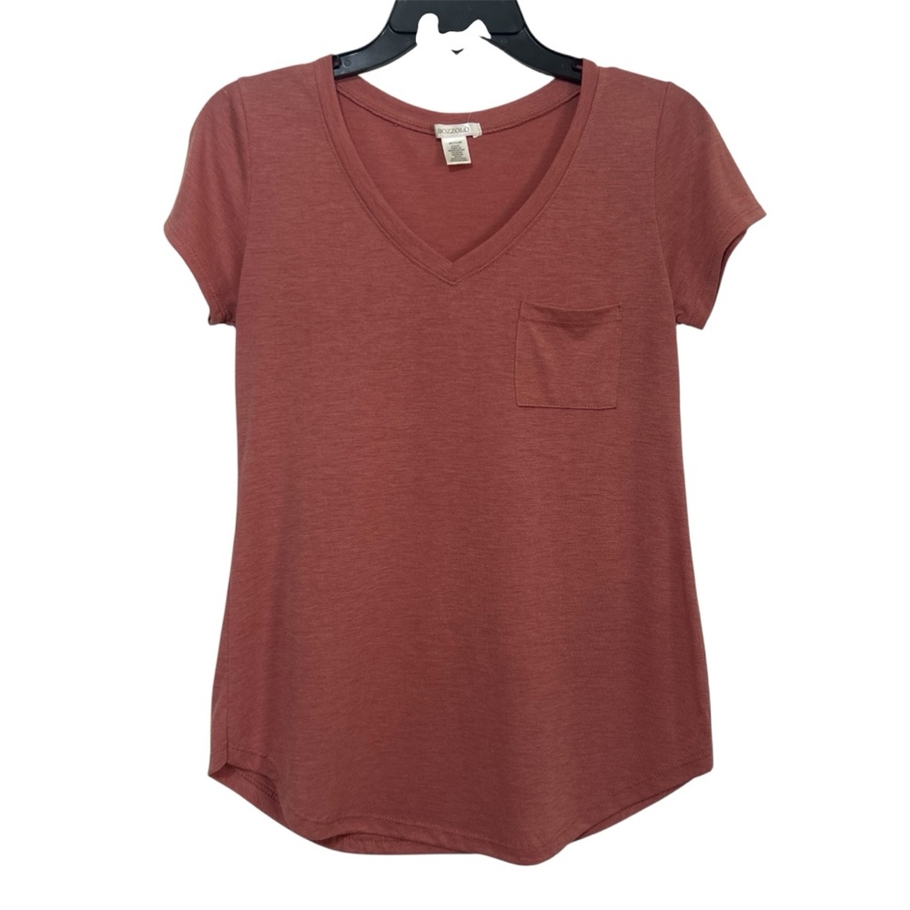 Bozzolo Women's V-Neck Pocket T-Shirt Medium Dusty Rose Curved Hem Short Sleeve
